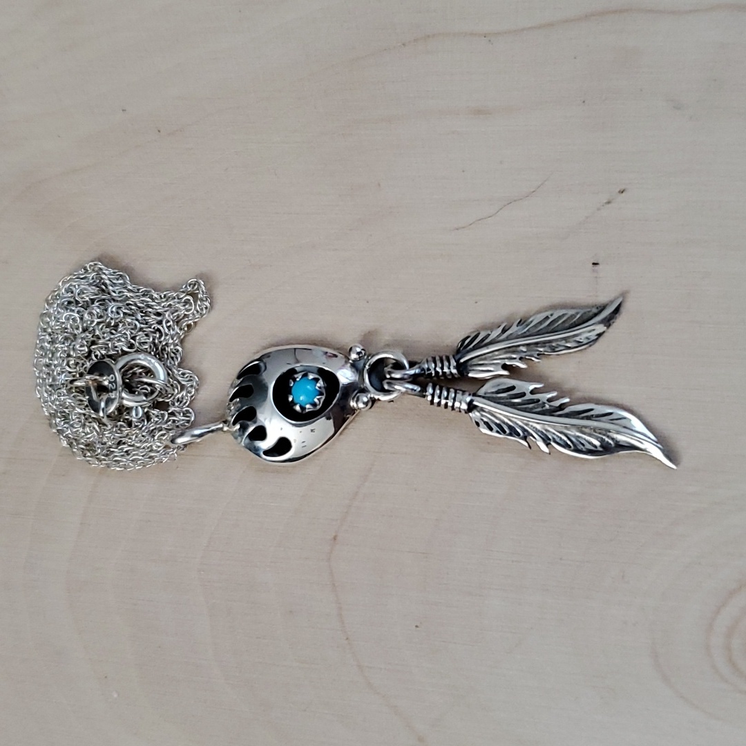 Native American Sterling Silver 925 Turquoise Feather Necklace